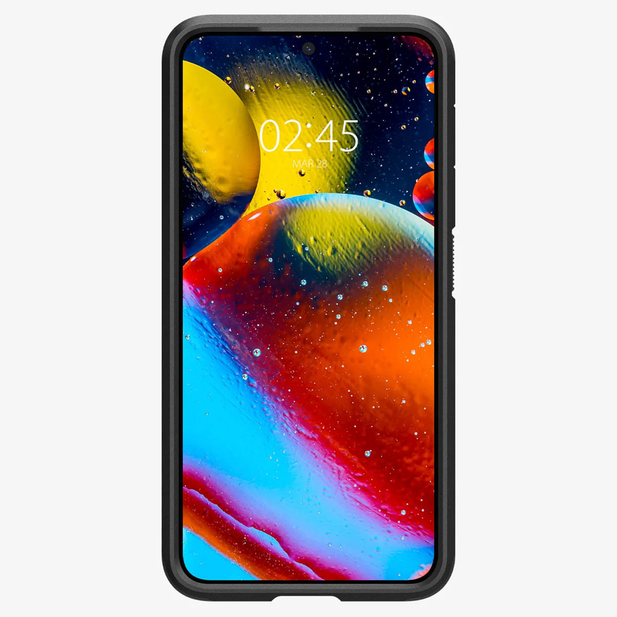 Zwarte telefoon met een zwart hoesje. Het scherm toont een kleurrijke achtergrond en de tijd.