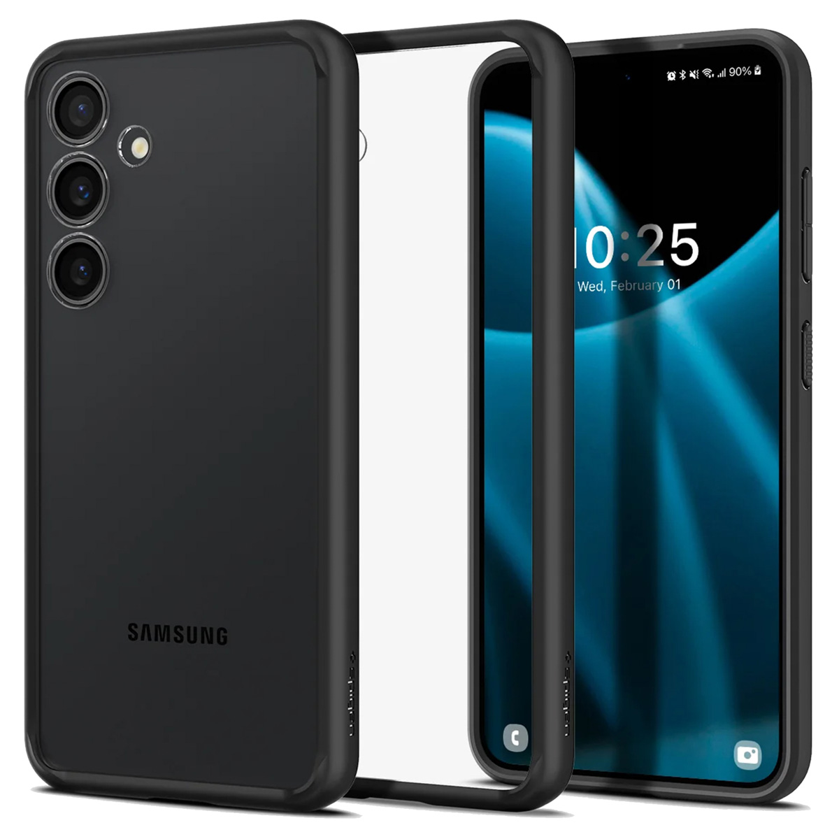 Coque de téléphone noire avec un téléphone. Le téléphone affiche l'heure et la date. Trois lentilles.