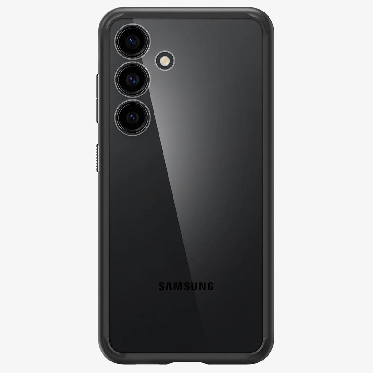 Téléphone noir dans un étui. Le téléphone a trois caméras, logo Samsung. L'étui est transparent.