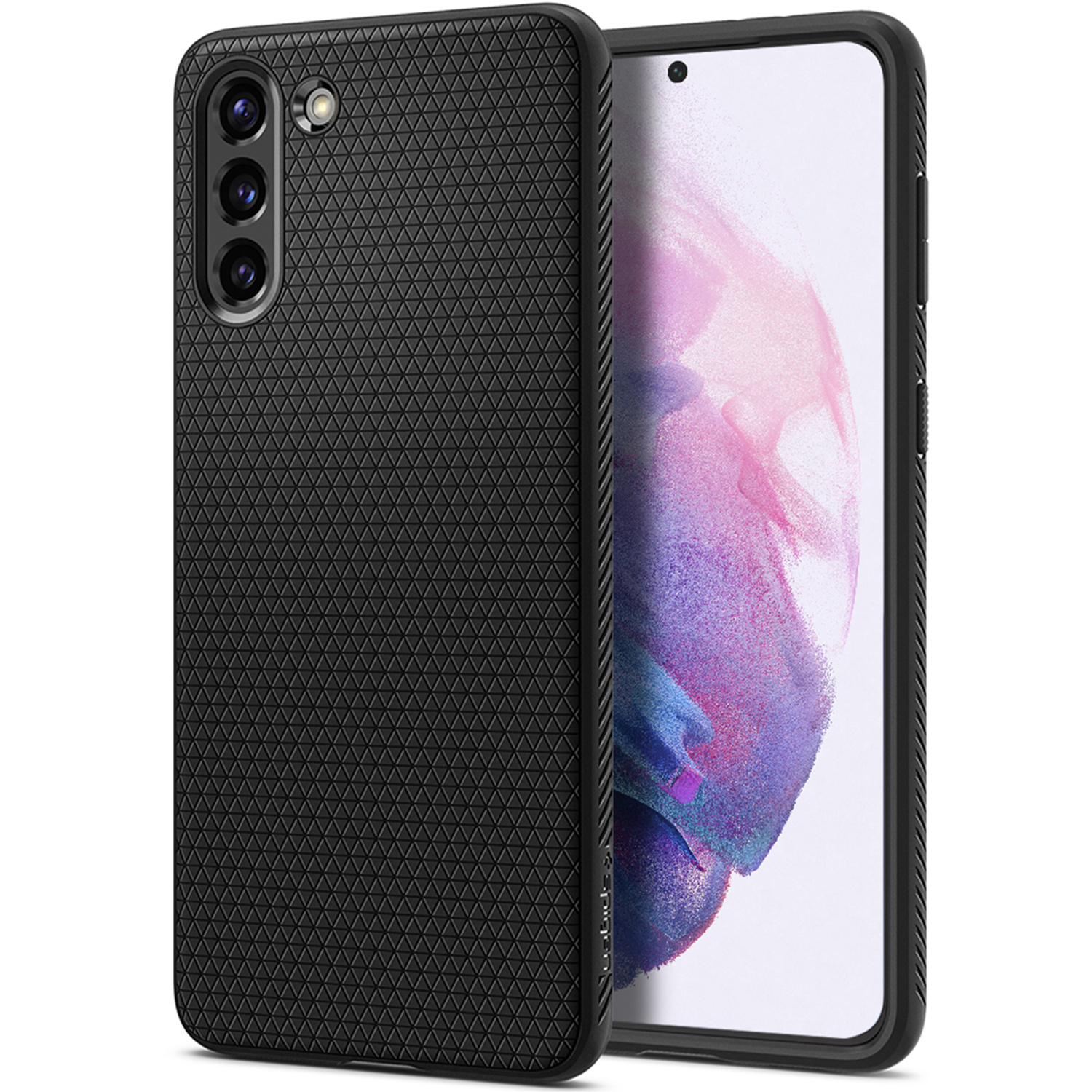 Czarne etui na smartfon z potrójnym aparatem i wzorzystymi pleckami obok oświetlonego ekranu.