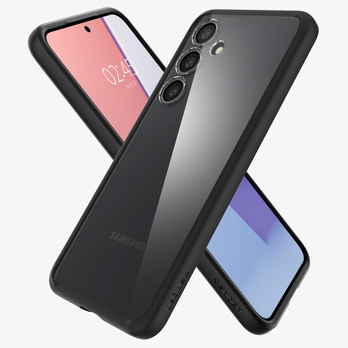 Coque de téléphone noire avec téléphone. Le téléphone a un écran rose et bleu. Deux coques en forme de X.