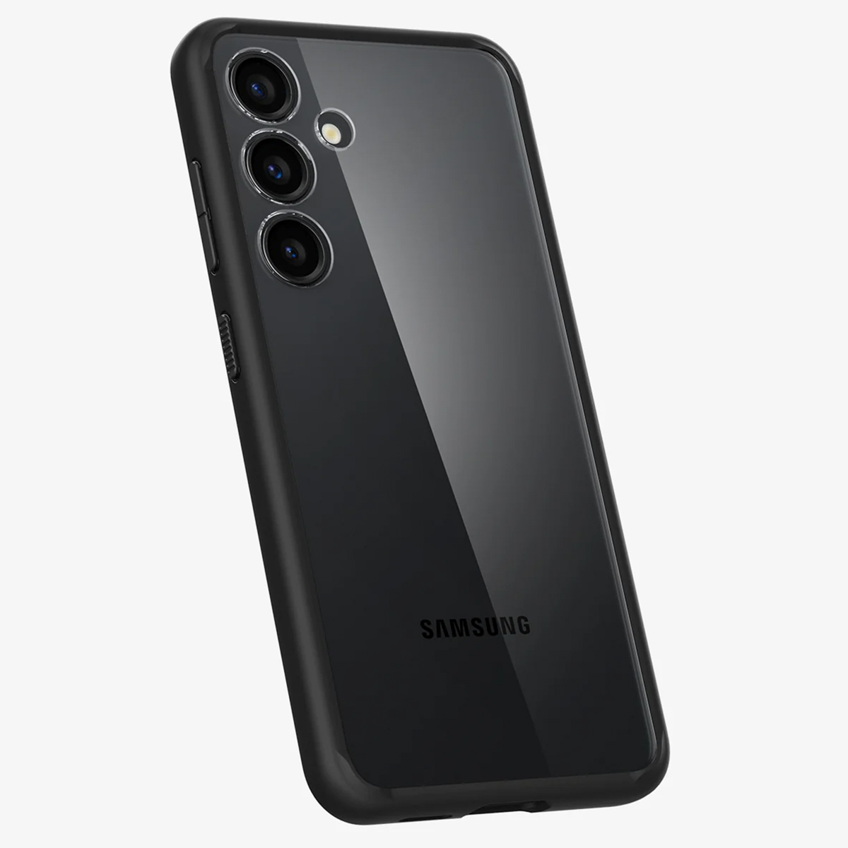 Téléphone noir avec coque noire transparente. Trois objectifs de caméra. Logo Samsung visible.