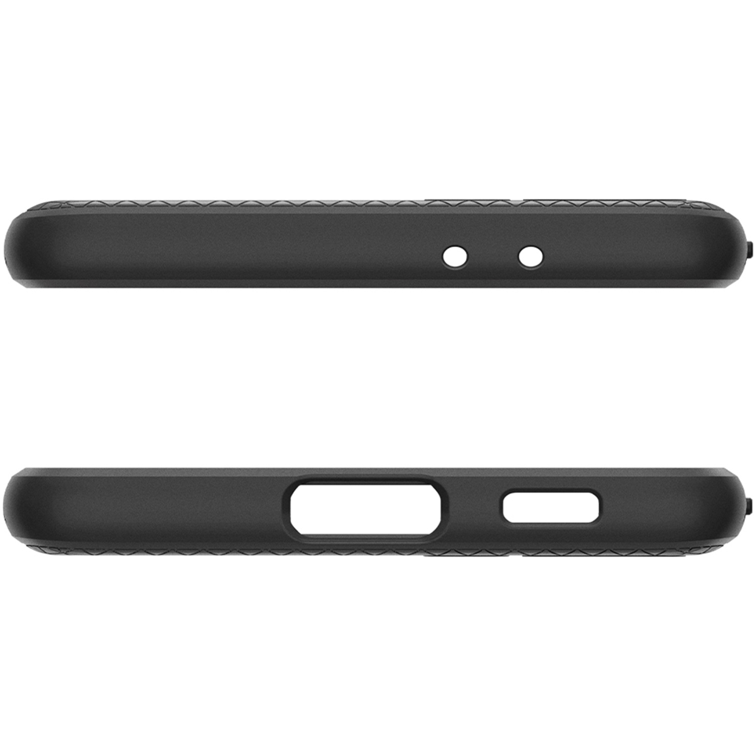 Dwa czarne etui na smartfon pokazujące widok z boku i od dołu z wyciętymi portami i przyciskami na białym tle.