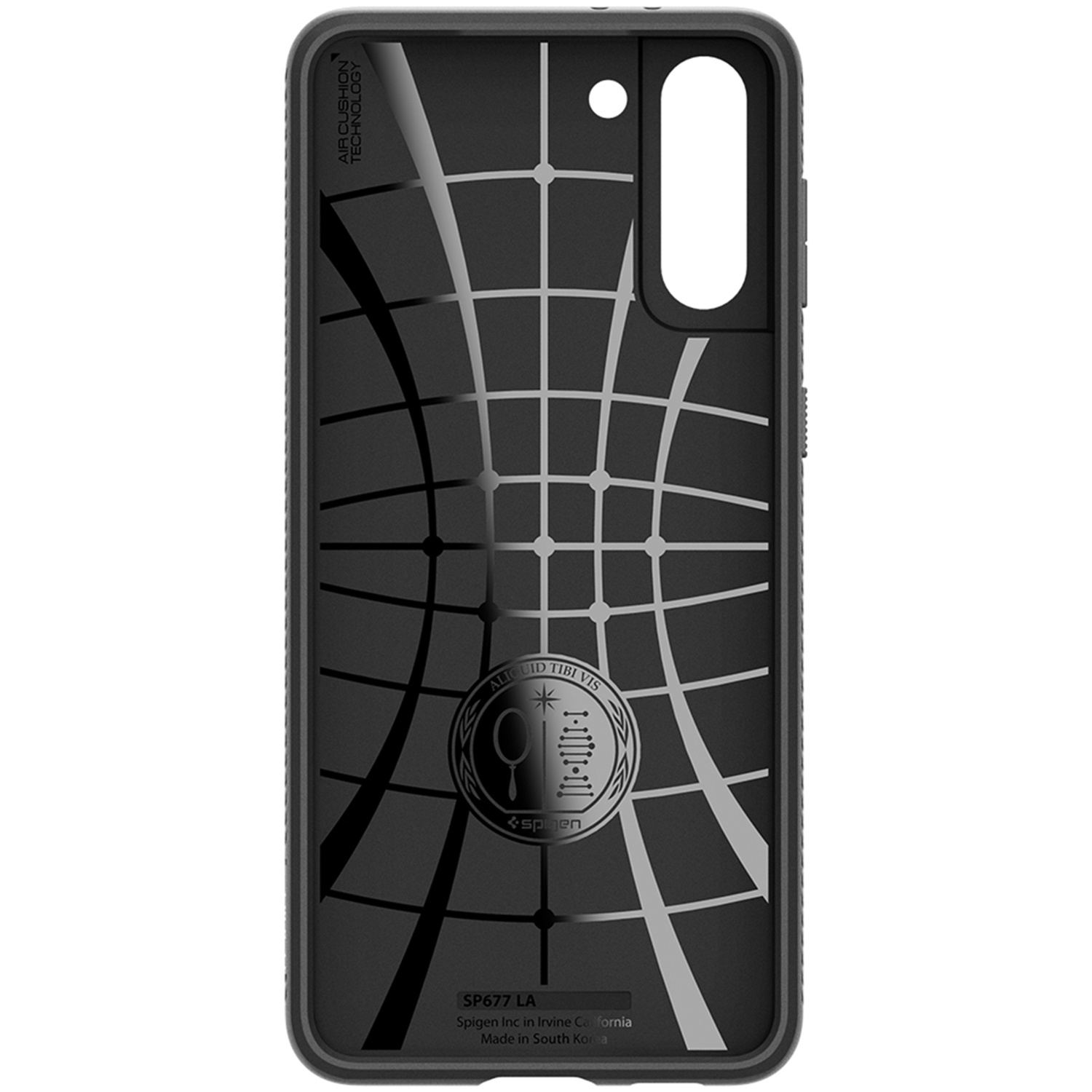 Czarne etui na smartfon z srebrnym wzorem w kratkę, okrągłym logo i wycięciami na aparat.