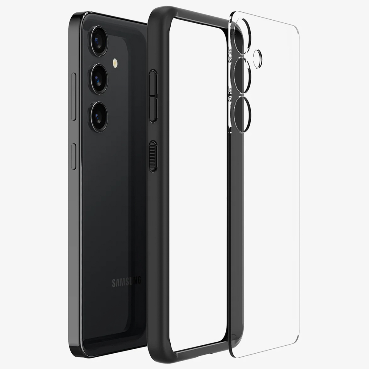 Téléphone noir avec une coque transparente. La coque est transparente, montrant l'arrière et les boutons.