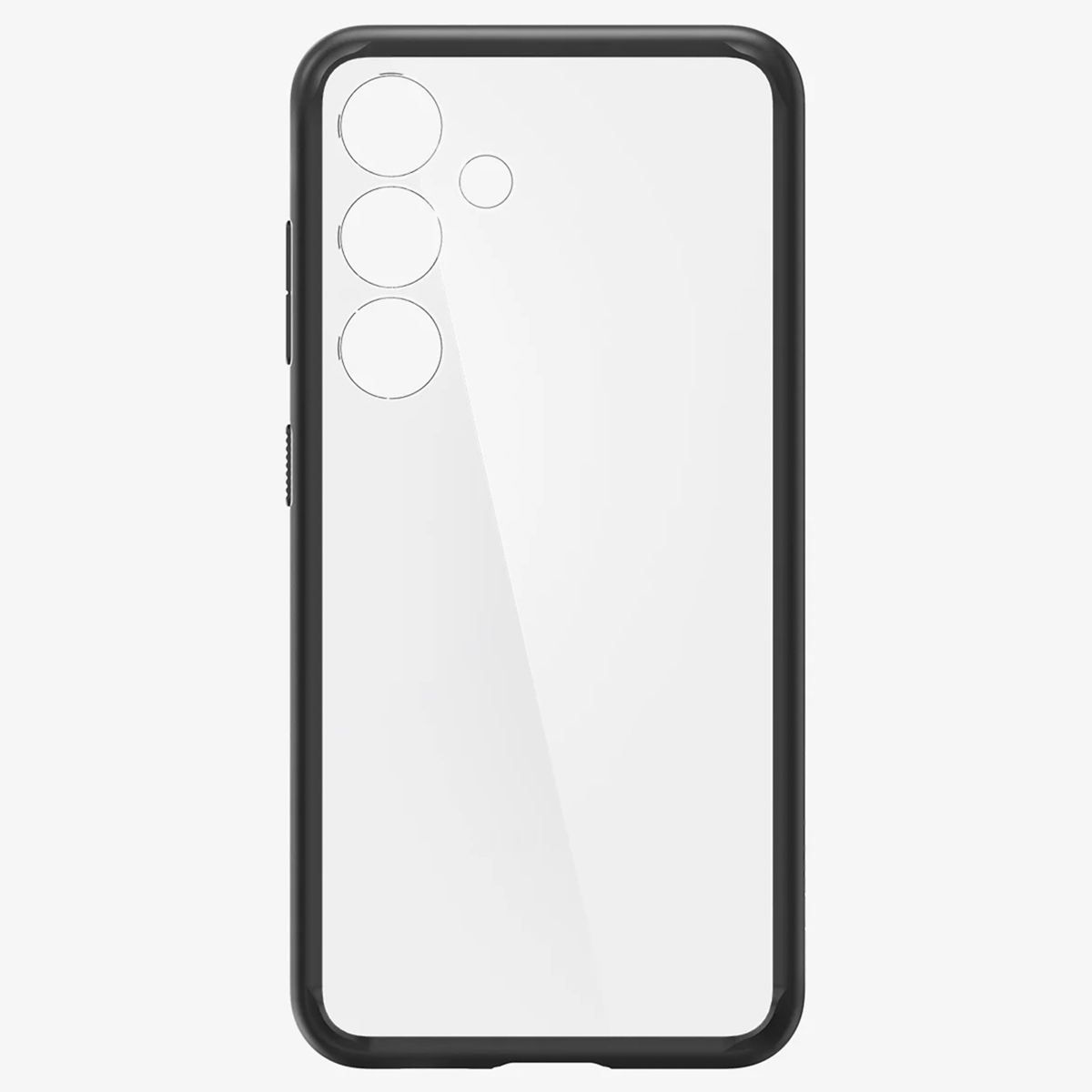Un étui de téléphone transparent, montrant l'arrière d'un téléphone avec des découpes pour l'appareil photo et un cadre noir.