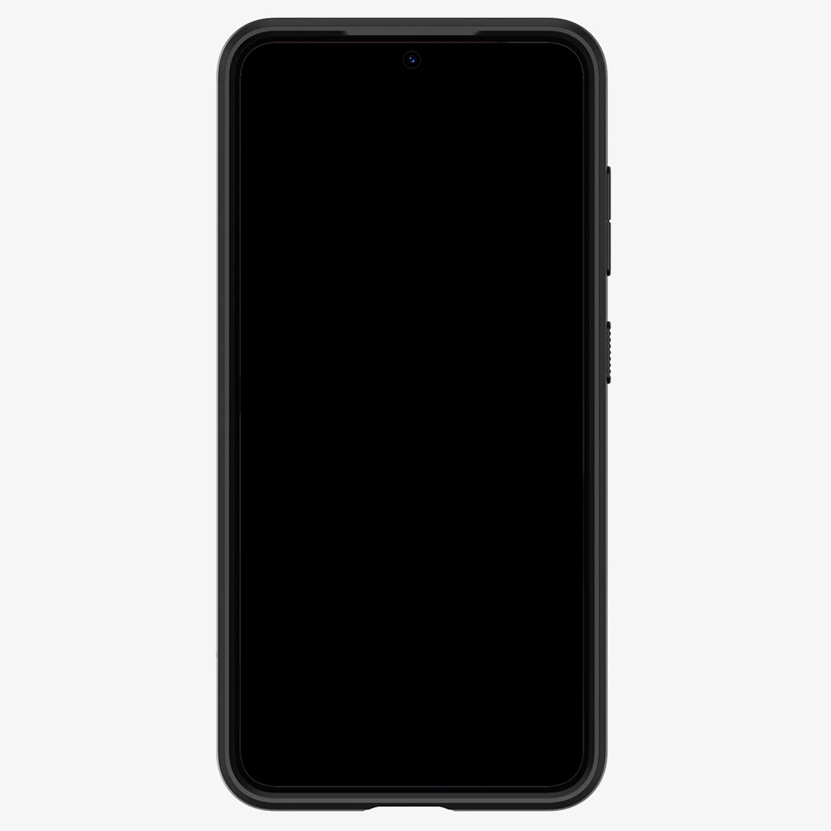 Un smartphone noir dans un étui, montrant son écran. L'écran est noir.