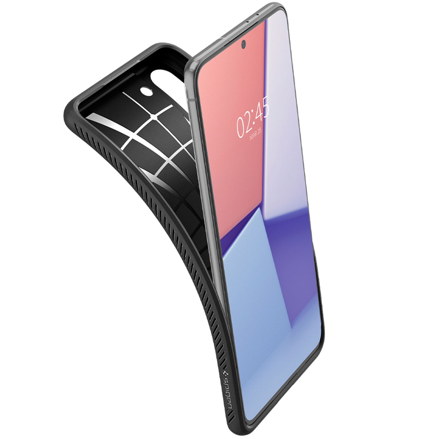 Smartfon z czerwonym i niebieskim ekranem jest wkładany ukośnie do czarnego etui ochronnego.