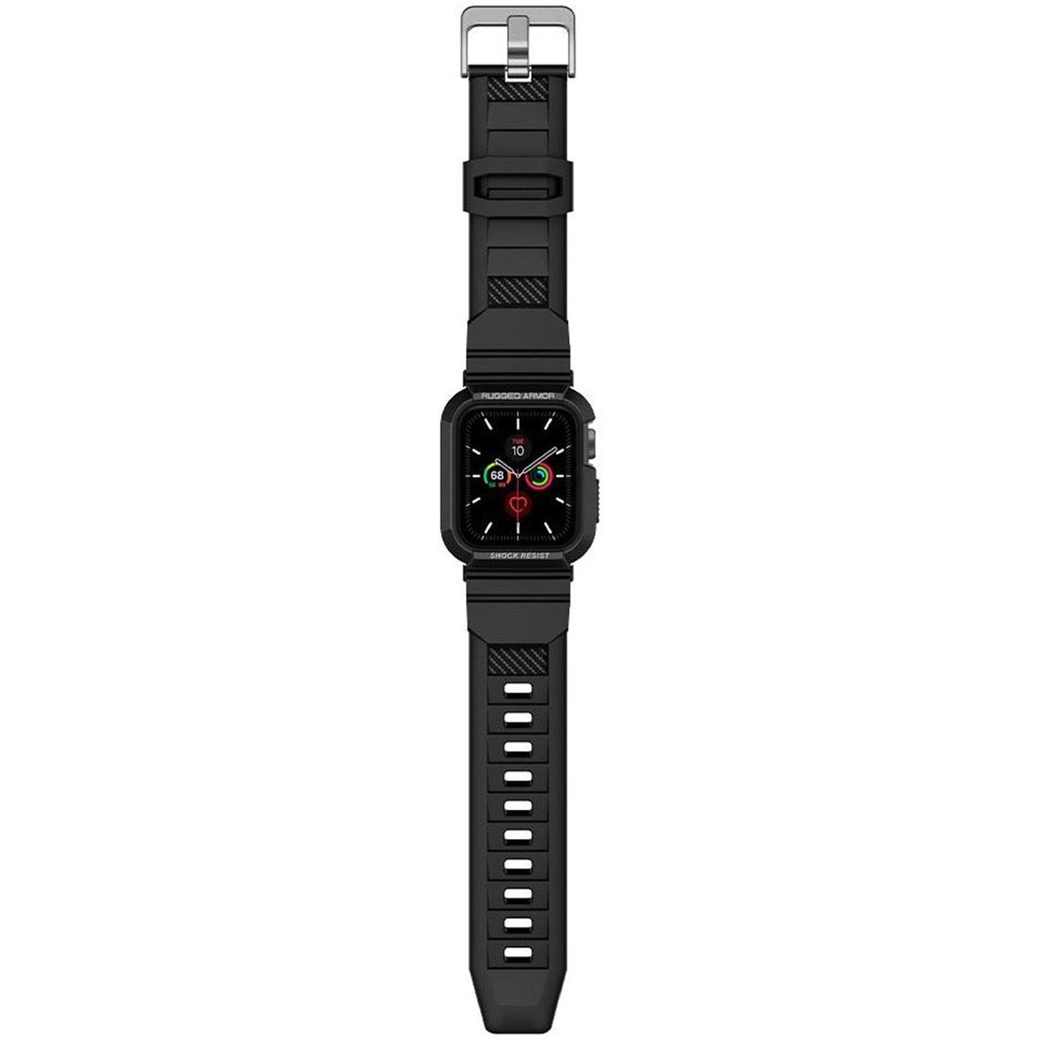 Czarny Apple Watch z czarnym paskiem, z wytrzymałym wzorem pancerza.