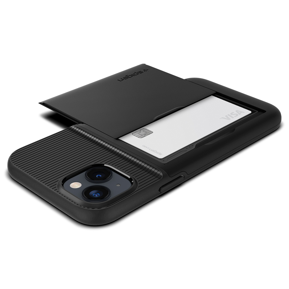 Une coque de téléphone noire avec une fente pour une carte et une carte de crédit visible.