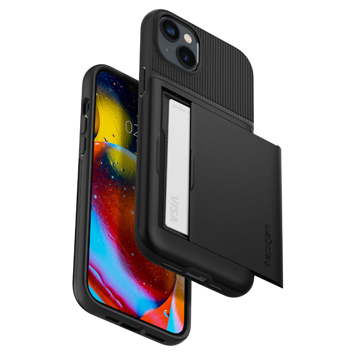 Téléphone noir dans un étui. Il y a un emplacement pour carte. L'écran affiche l'heure 02:00.