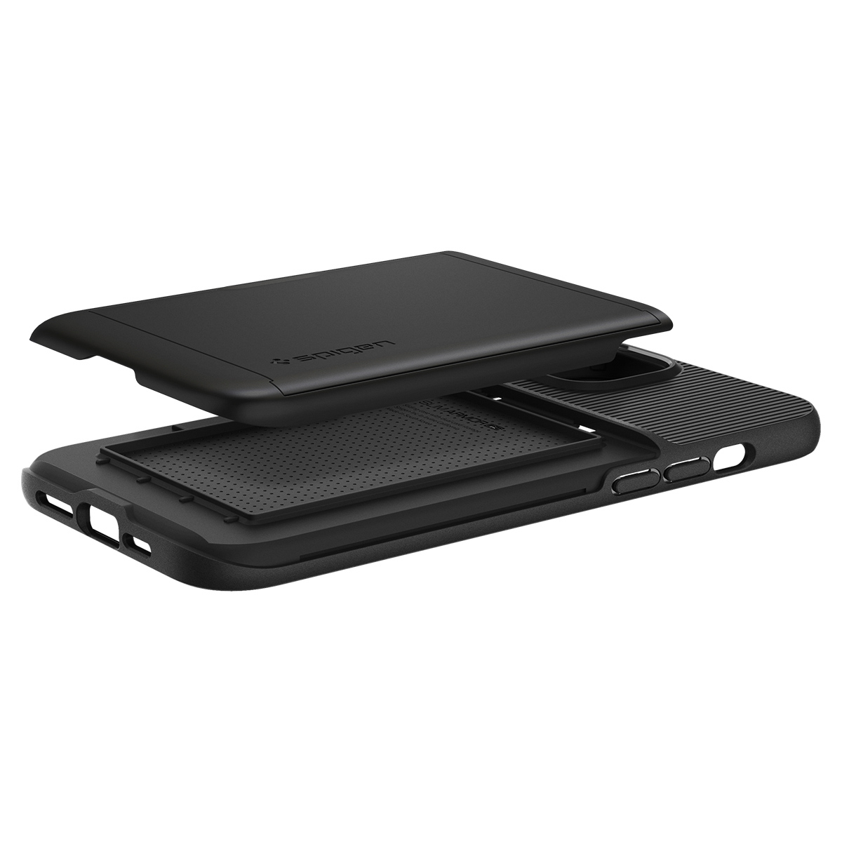 Coque de téléphone noire avec couche supérieure ouverte, révélant la structure interne.