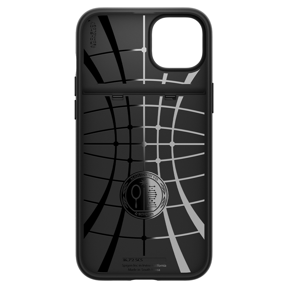 Coque de téléphone noire avec motif géométrique et logo Spigen, avec découpe caméra.