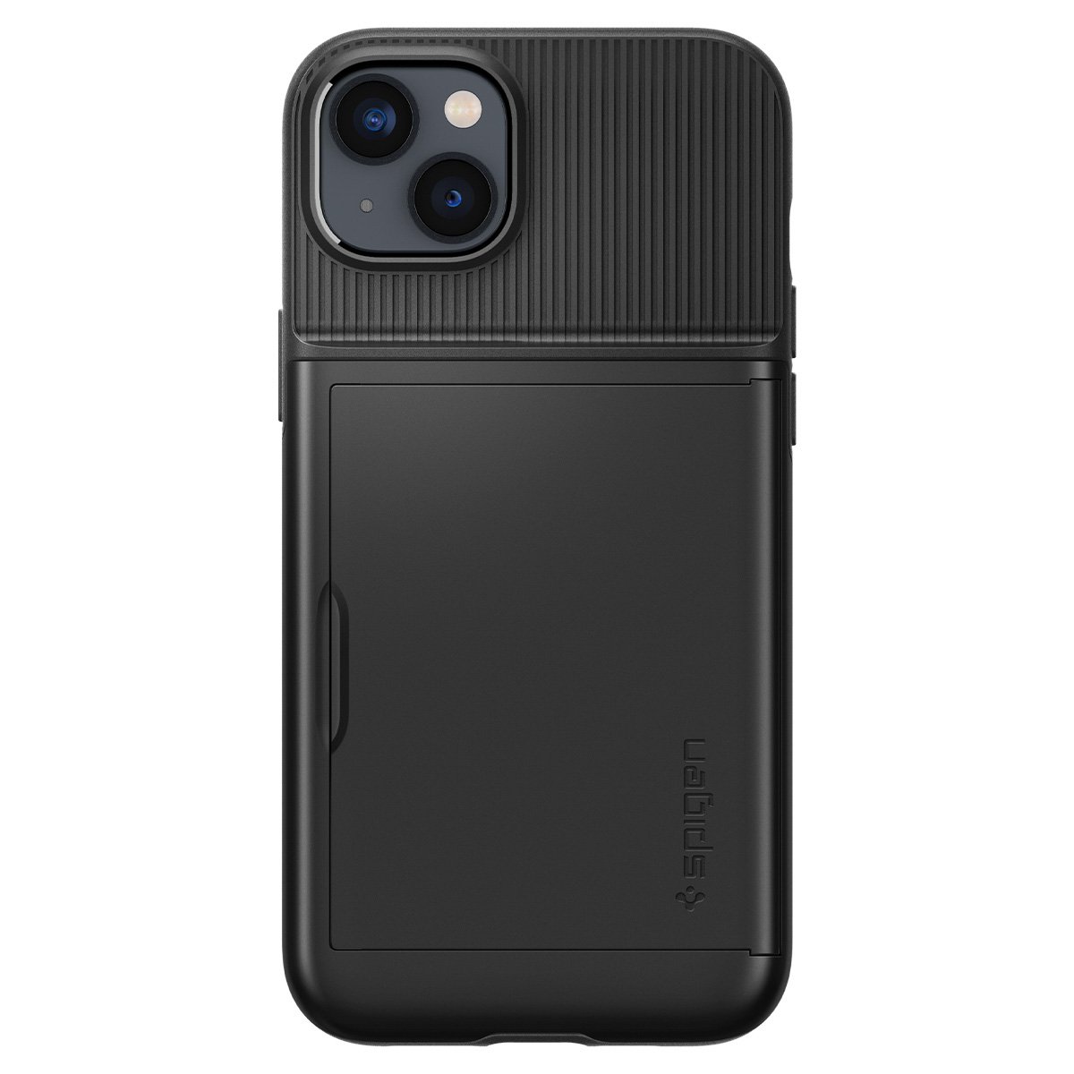 Coque noire pour téléphone avec découpe caméra et porte-cartes.