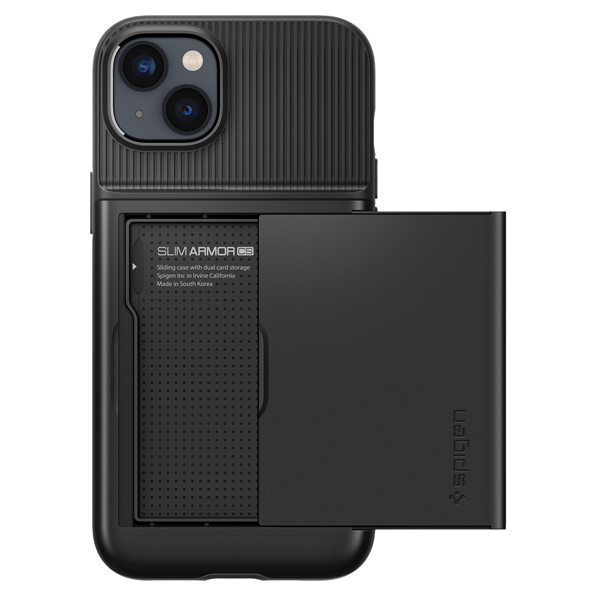 Coque de téléphone noire avec fente pour carte ouverte. Pour iPhone avec texture noire.