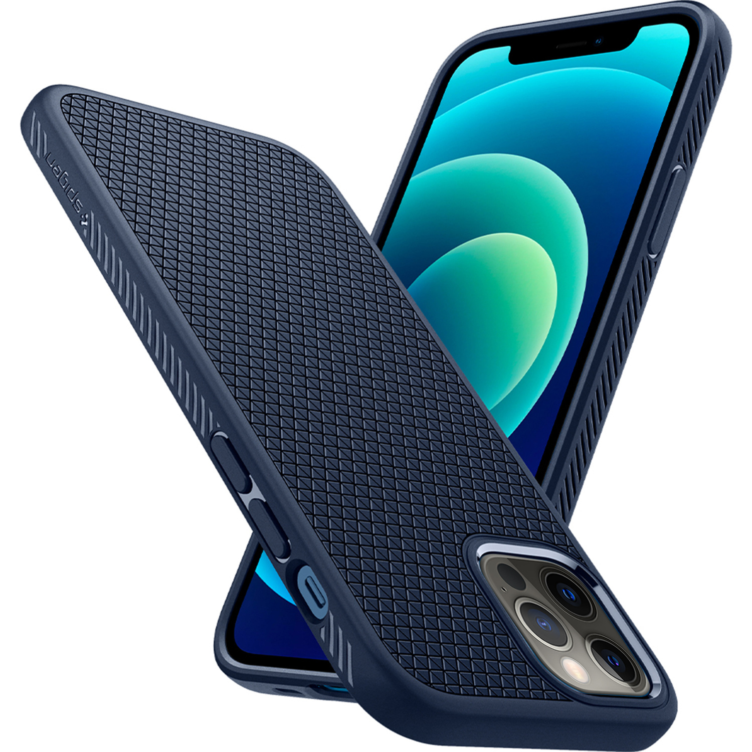 Due custodie blu per telefono, una angolata verso lo spettatore. La custodia ha un design strutturato.