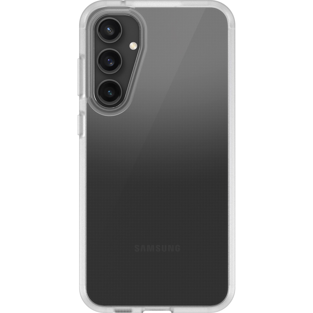 Telefoon met een doorzichtige hoes en drie camera's aan de achterkant.