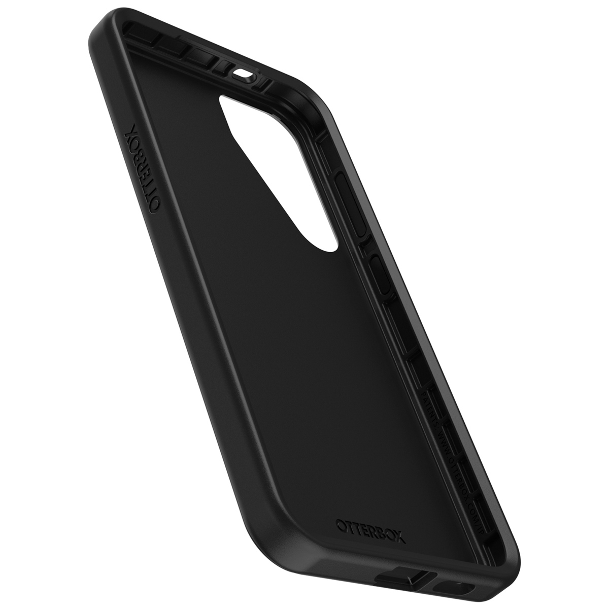 Zwarte Otterbox telefoonhoes, schuine weergave. Binnenkant zichtbaar.