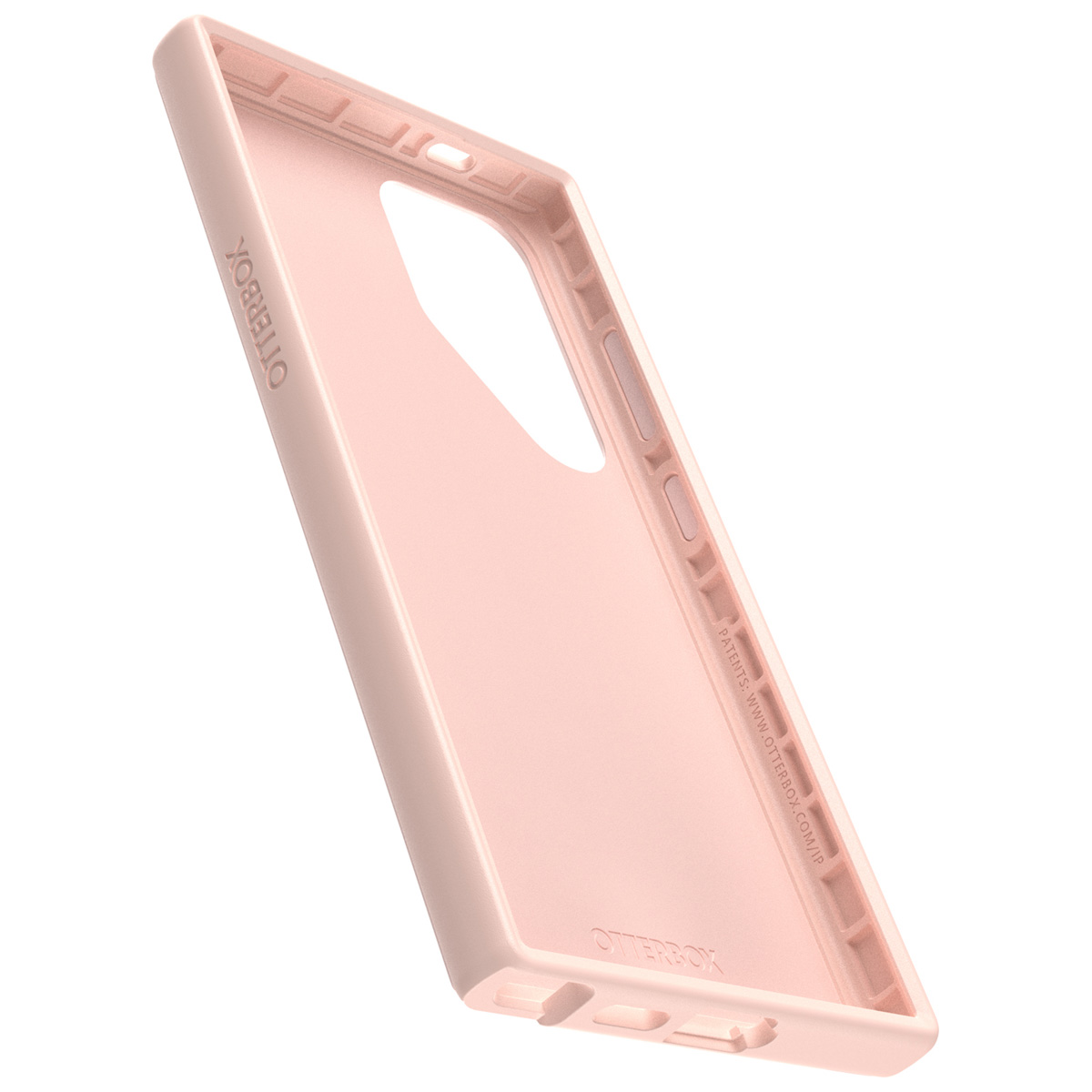 Custodia rosa per telefono. La custodia ha un'apertura per una fotocamera ed è etichettata con il marchio Otterbox.