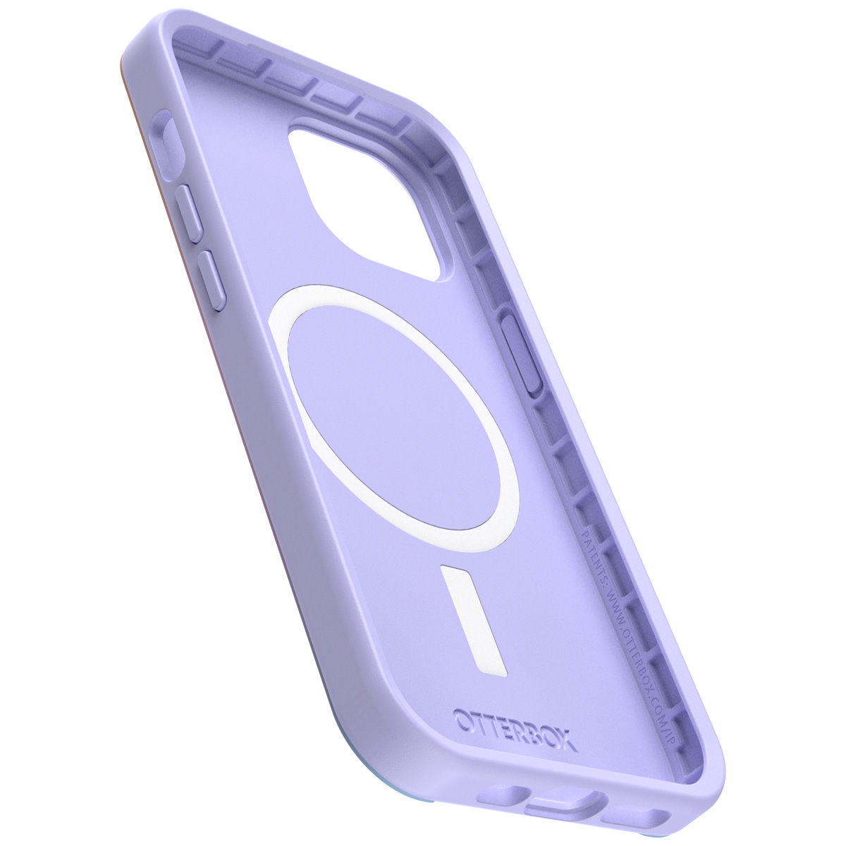 Paarse telefoonhoes met een witte cirkel binnenin. Het merk Otterbox is zichtbaar. De hoes is open.