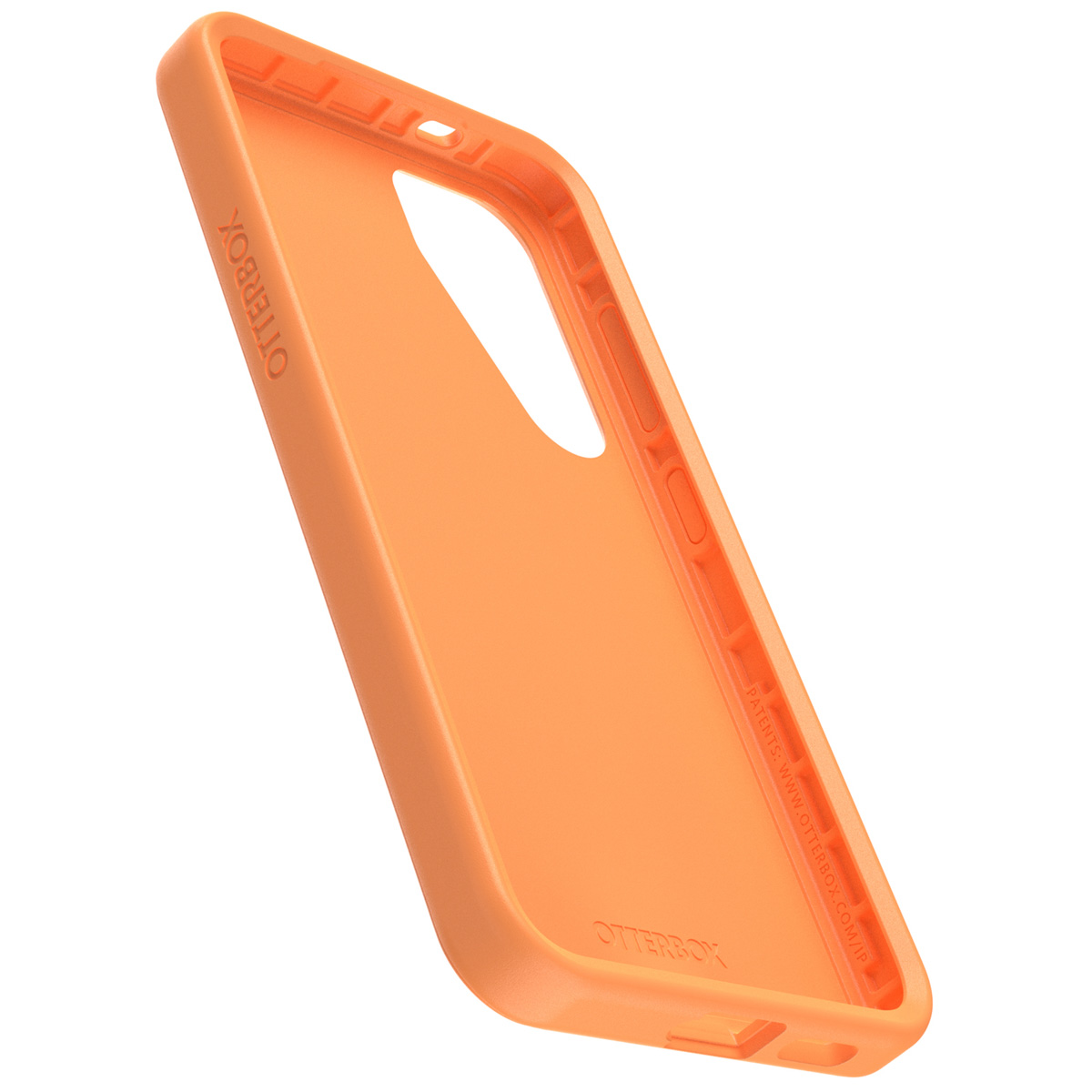 Custodia per telefono Otterbox arancione, vista angolata. La custodia è vuota e mostra l'interno.