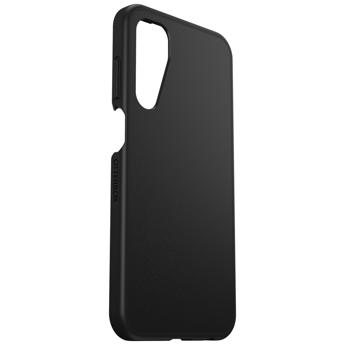 Zwarte telefoonhoes. De hoes heeft een camera-uitsparing, een zijknop en het Otterbox-logo.