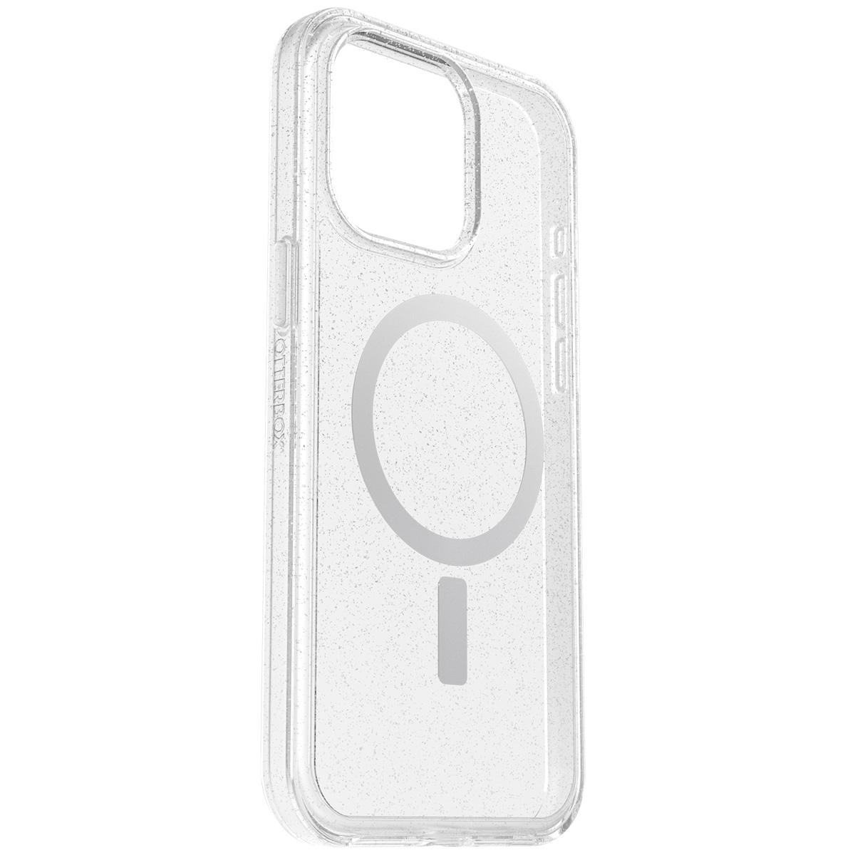 Transparante telefoonhoes met glitter. Toont een cirkel voor MagSafe en een lijn.