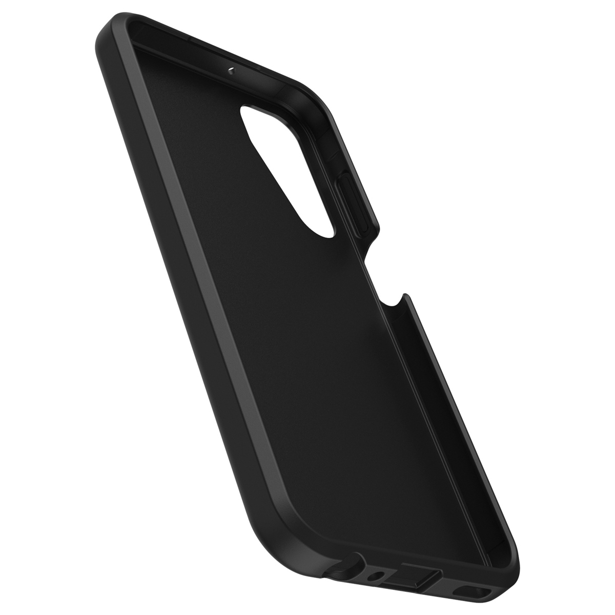 Zwarte binnenkant van een telefoonhoesje, de binnenkant van het hoesje tonend.