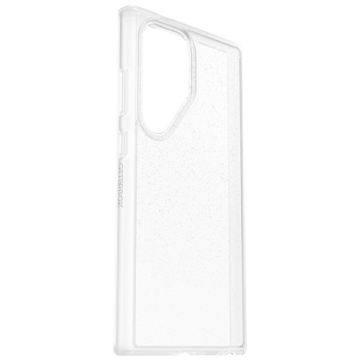 Custodia trasparente per telefono. Marca Otterbox. Sfondo bianco. Vista laterale.