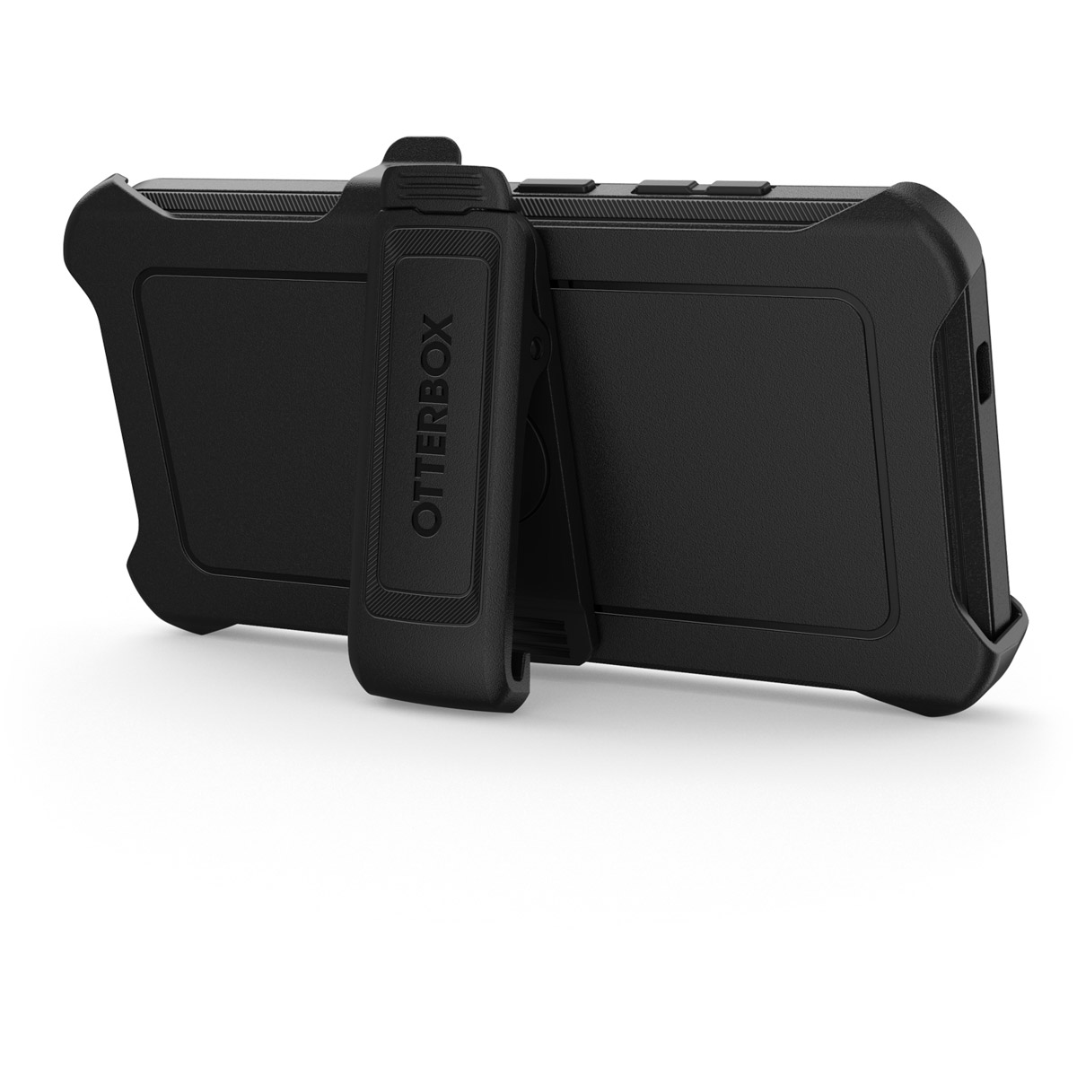 Custodia per telefono nera con clip da cintura. La custodia ha il logo Otterbox ed è progettata per la protezione.