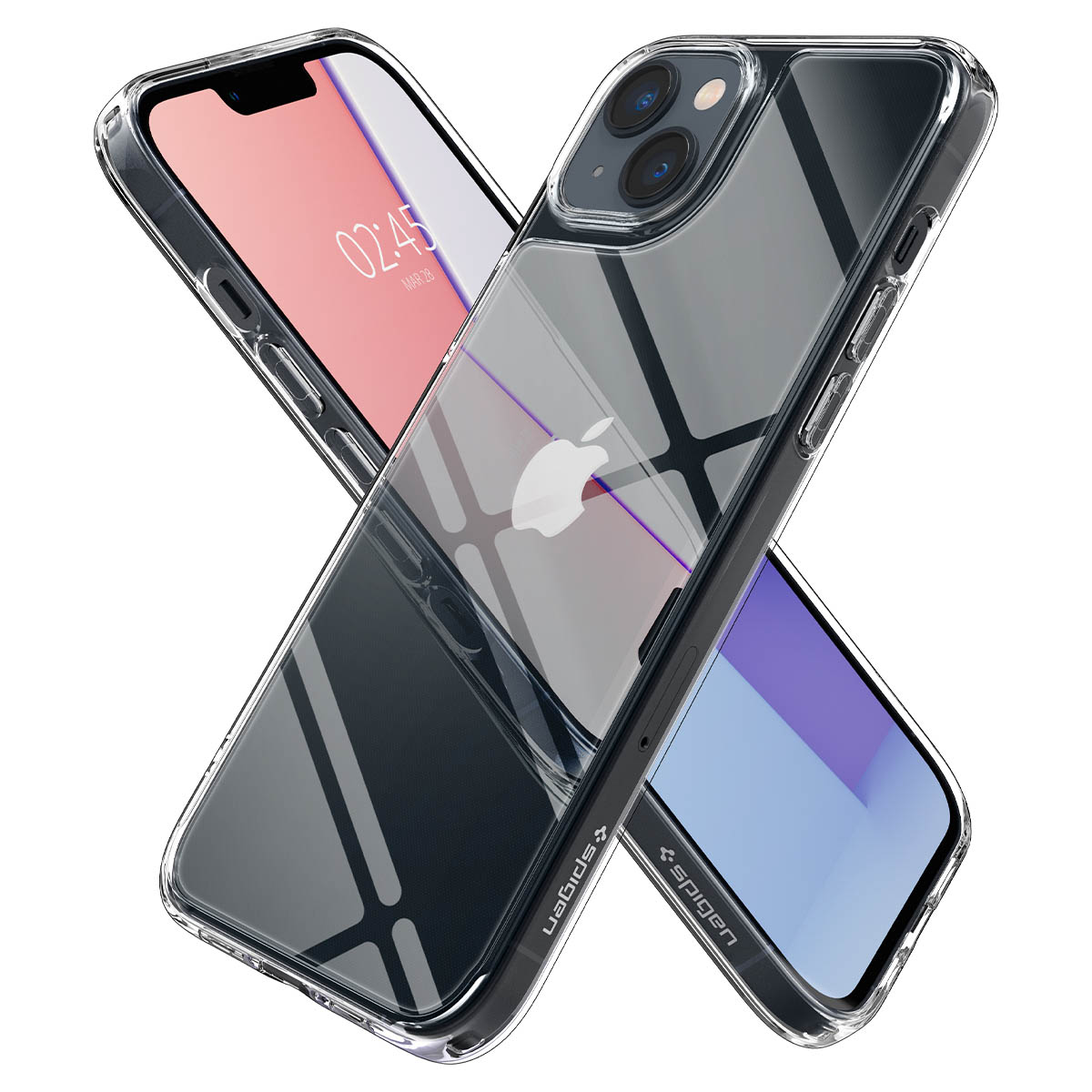 Due telefoni in custodie trasparenti, uno angolato sull'altro, che mostrano i design.