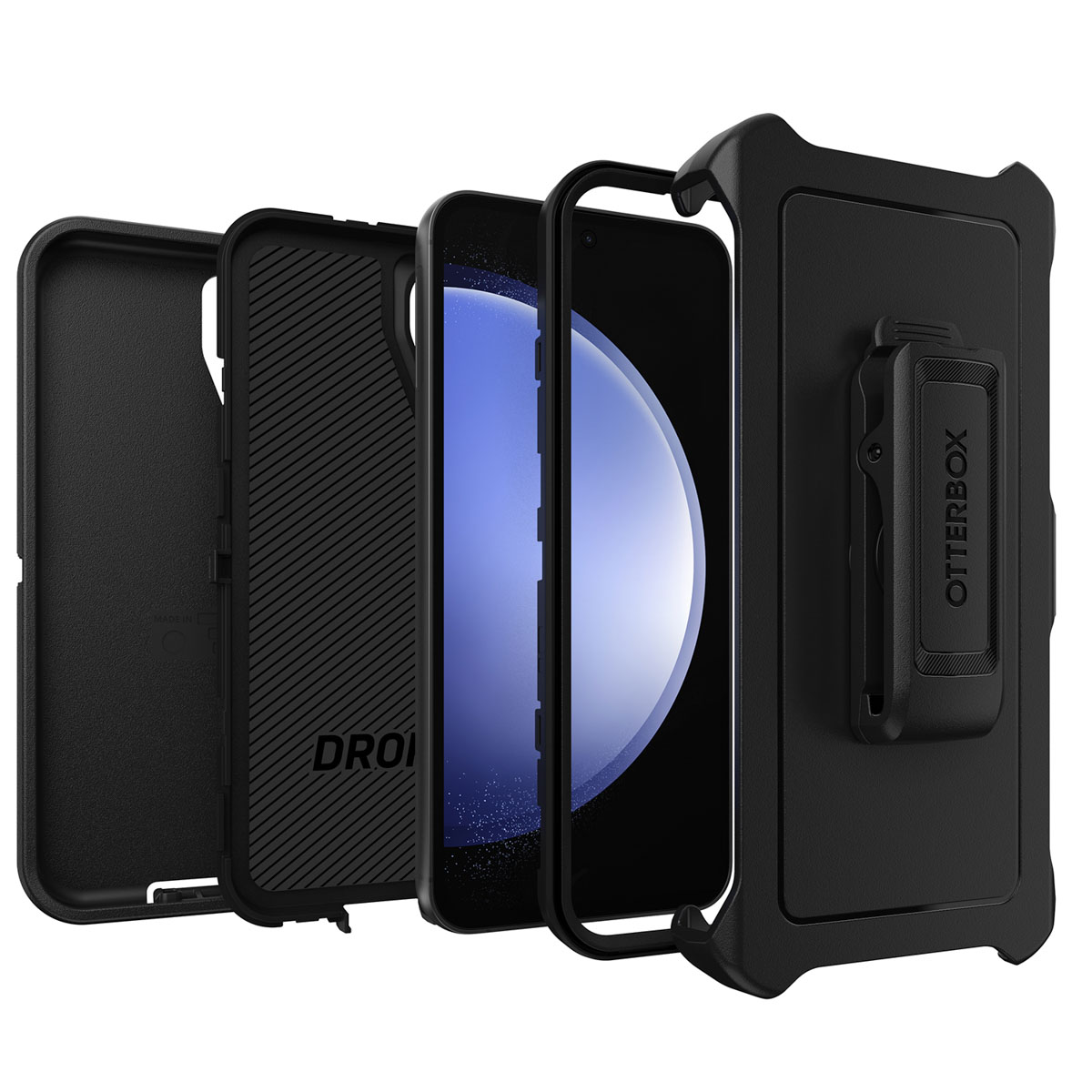 Custodia per telefono nera con le parti del telefono al suo interno. Una clip da cintura è a destra. Il marchio Otterbox è visibile.