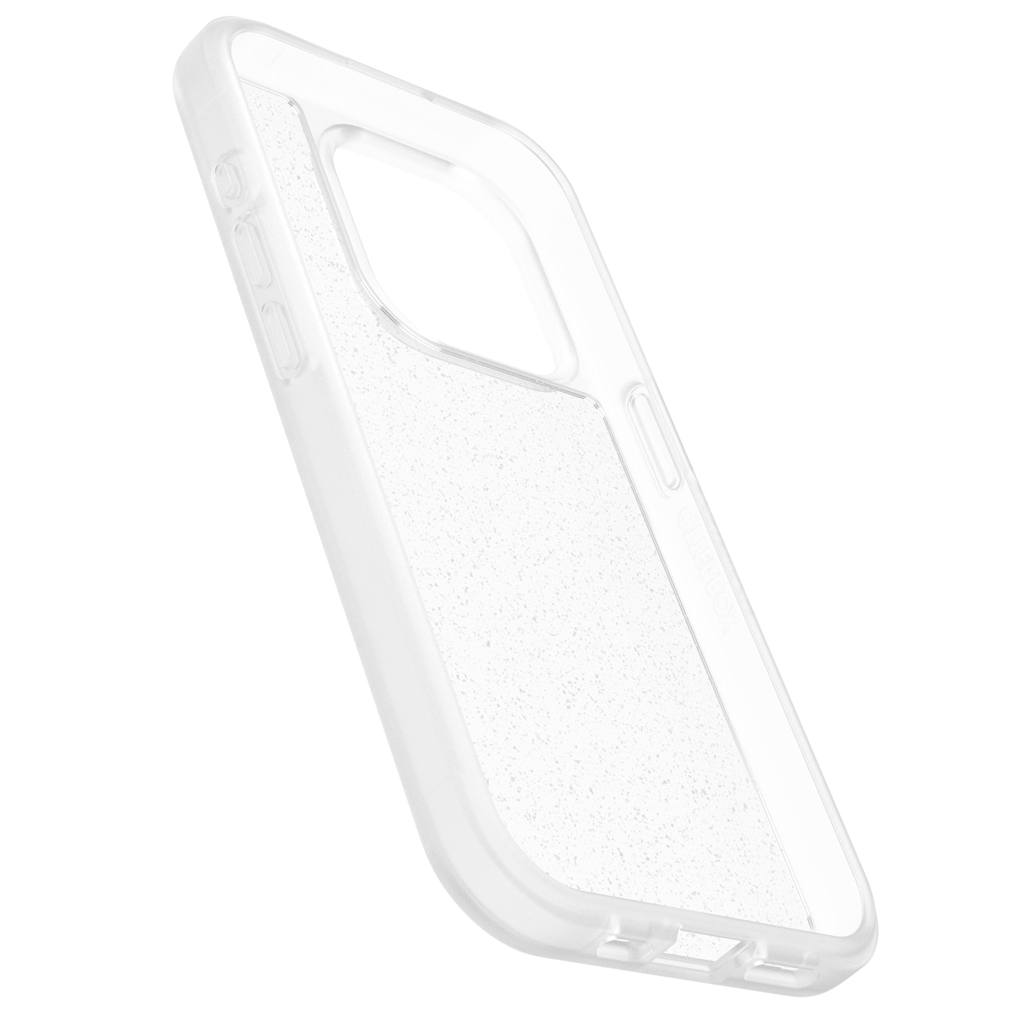 Transparente Handyhülle mit Glitzer. Auf weißem Hintergrund.