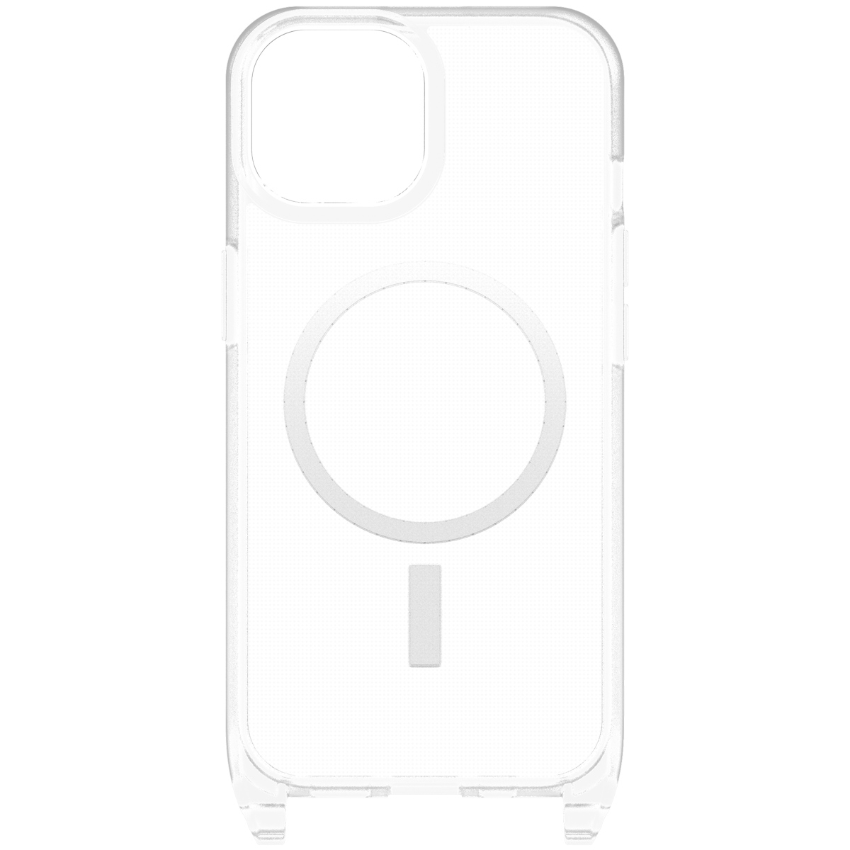 Transparante telefoonhoes met camera- en MagSafe-uitsparingen.