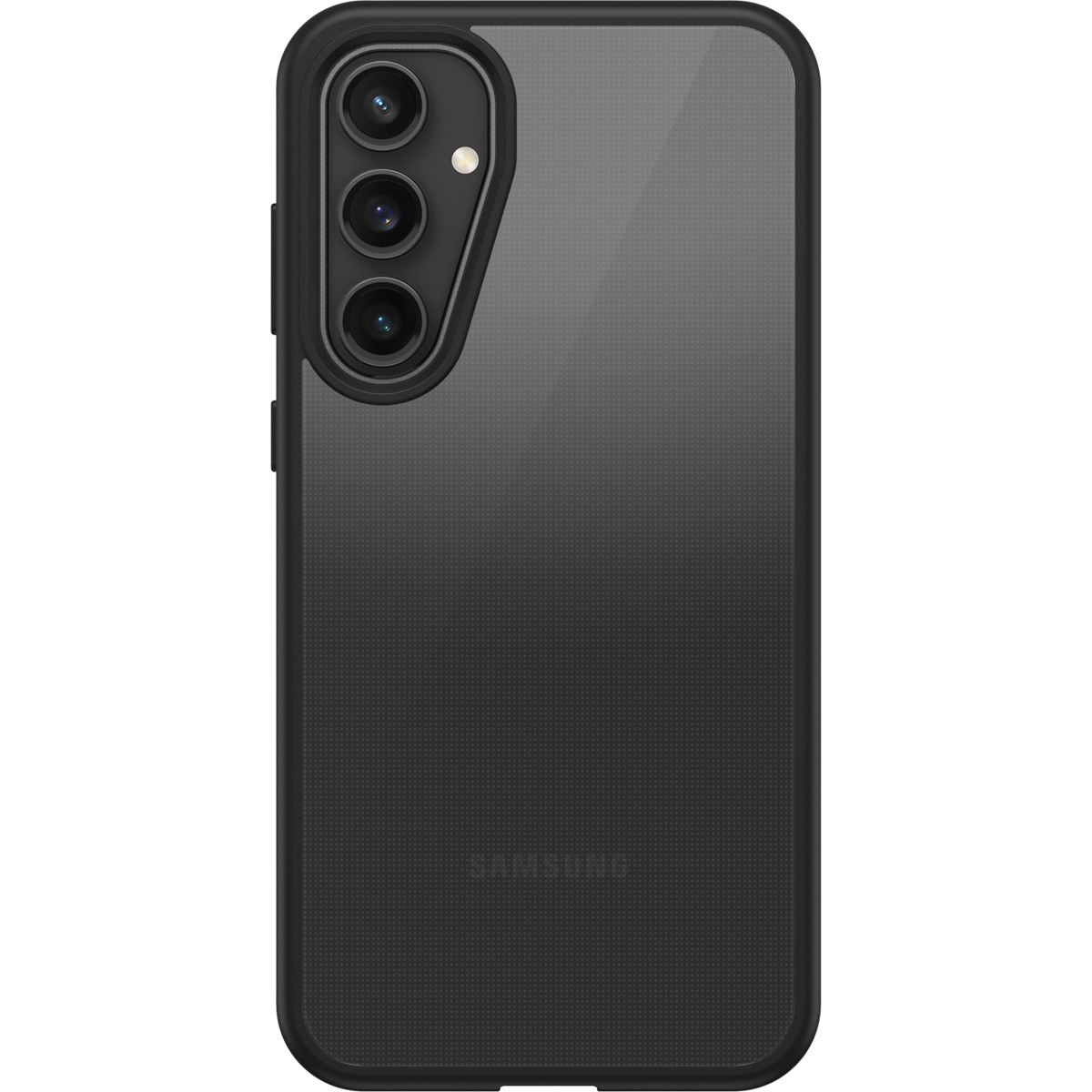 Custodia per telefono nera con tre obiettivi. La custodia è nera e ha un logo Samsung sul retro.