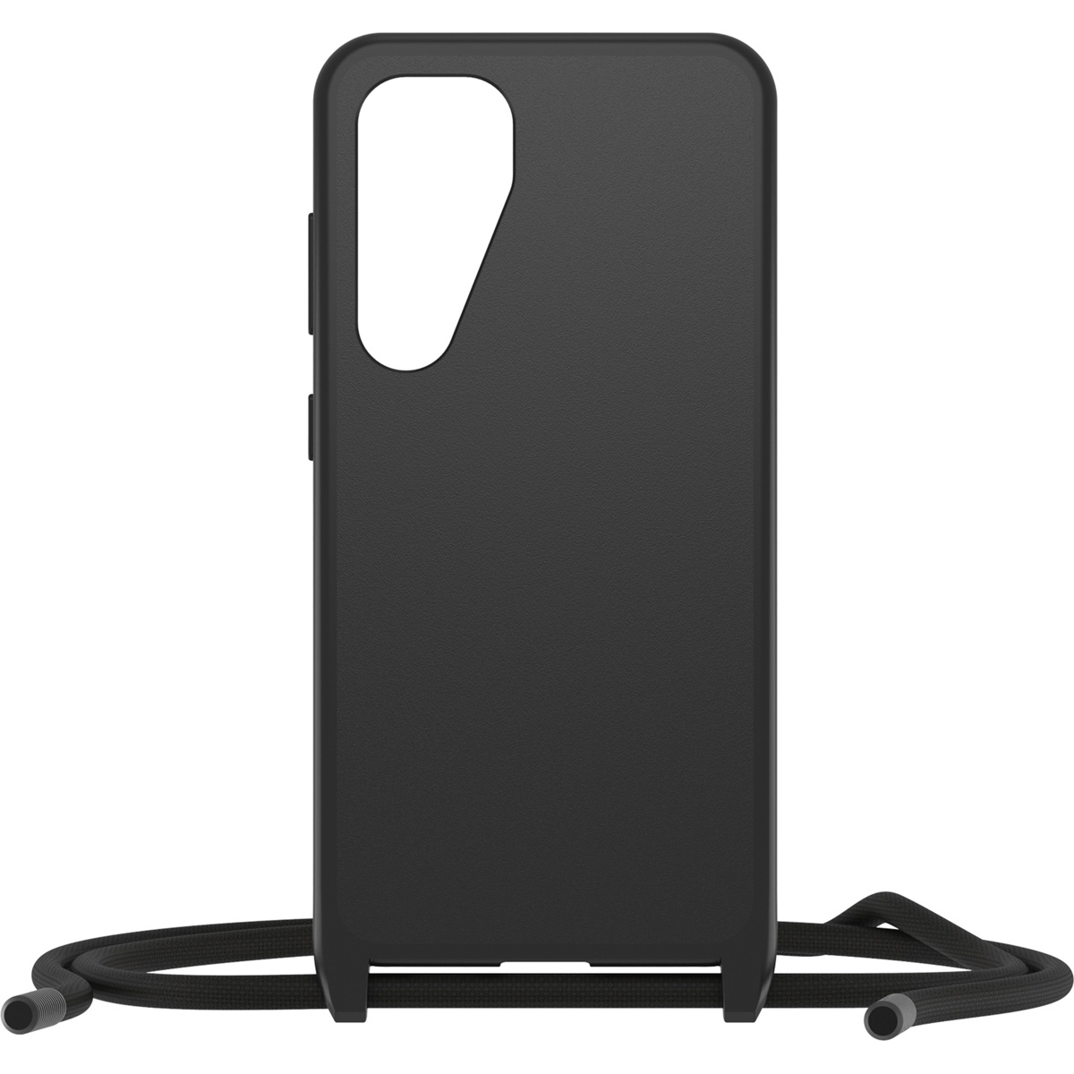 Custodia per telefono nera con cordino nero. La custodia ha un ritaglio per la fotocamera e attacchi per il cordino.