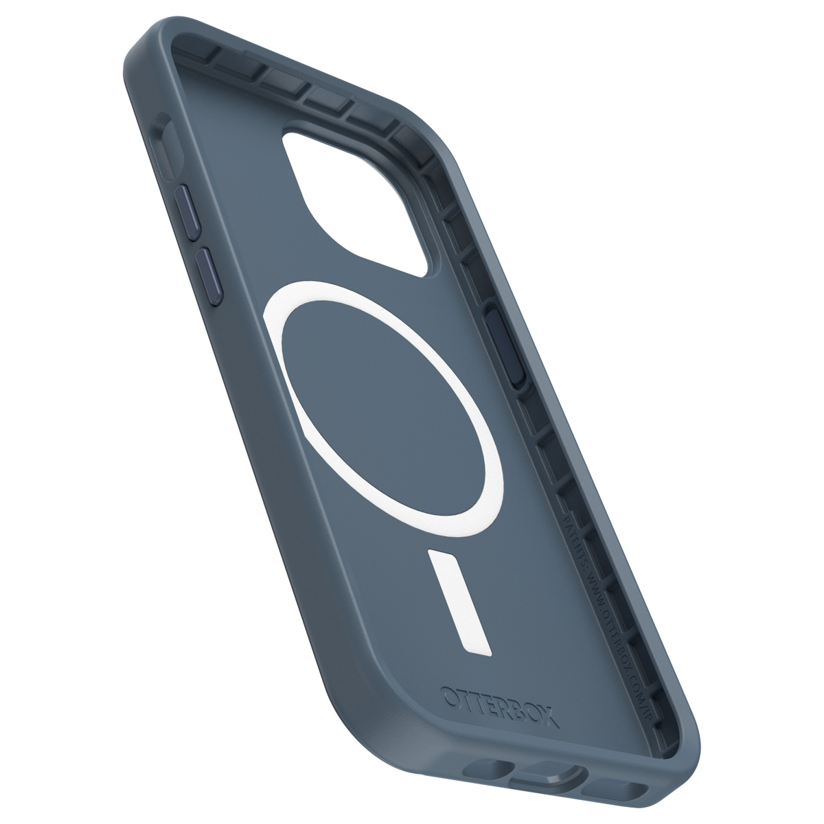 Coque de téléphone bleue. Cercle et tiret blancs à l'intérieur. Marque Otterbox sur le côté.