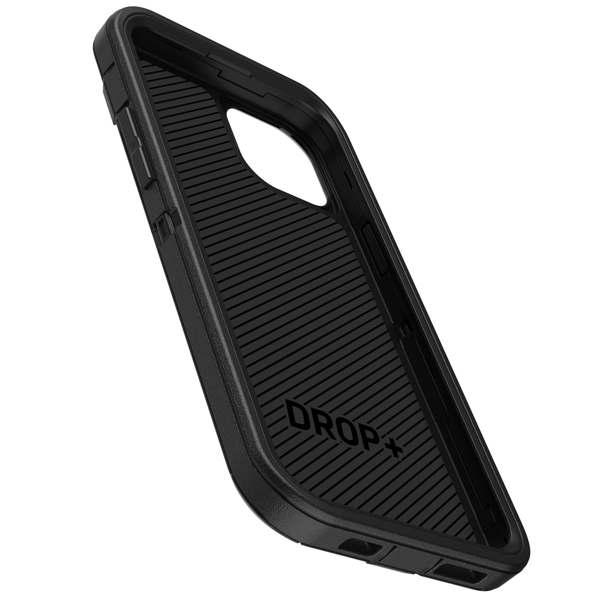 Intérieur de coque noire avec texte DROP+.