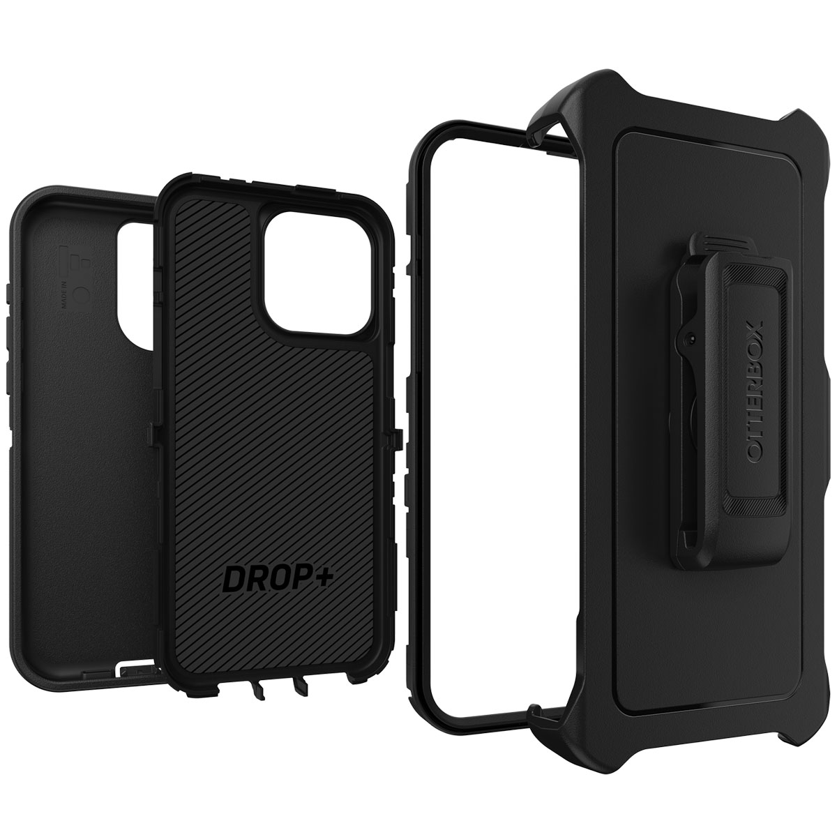 Zwarte telefoonhoes met telefoon en riemclip. DROP+ op de hoes.