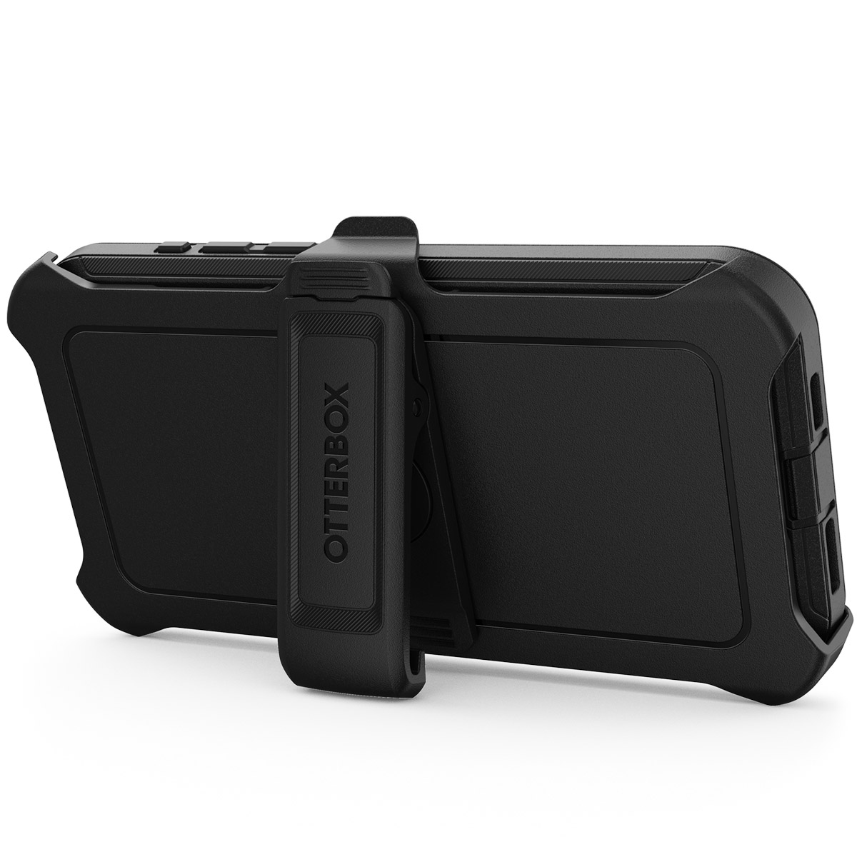 Zwarte telefoonhoes met OtterBox-logo en clip.