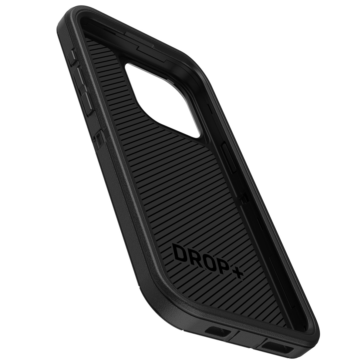 Binnenkant van zwarte telefoonhoes, met een geribbelde textuur. Het woord 'DROP+' is zichtbaar.