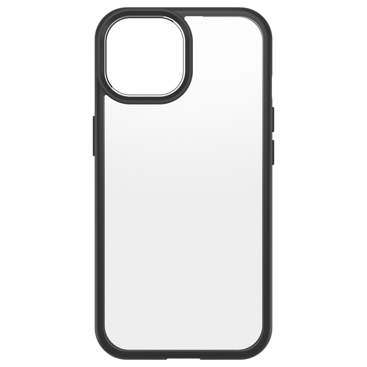 Black phone case with a clear back. The case has a black frame and button covers.