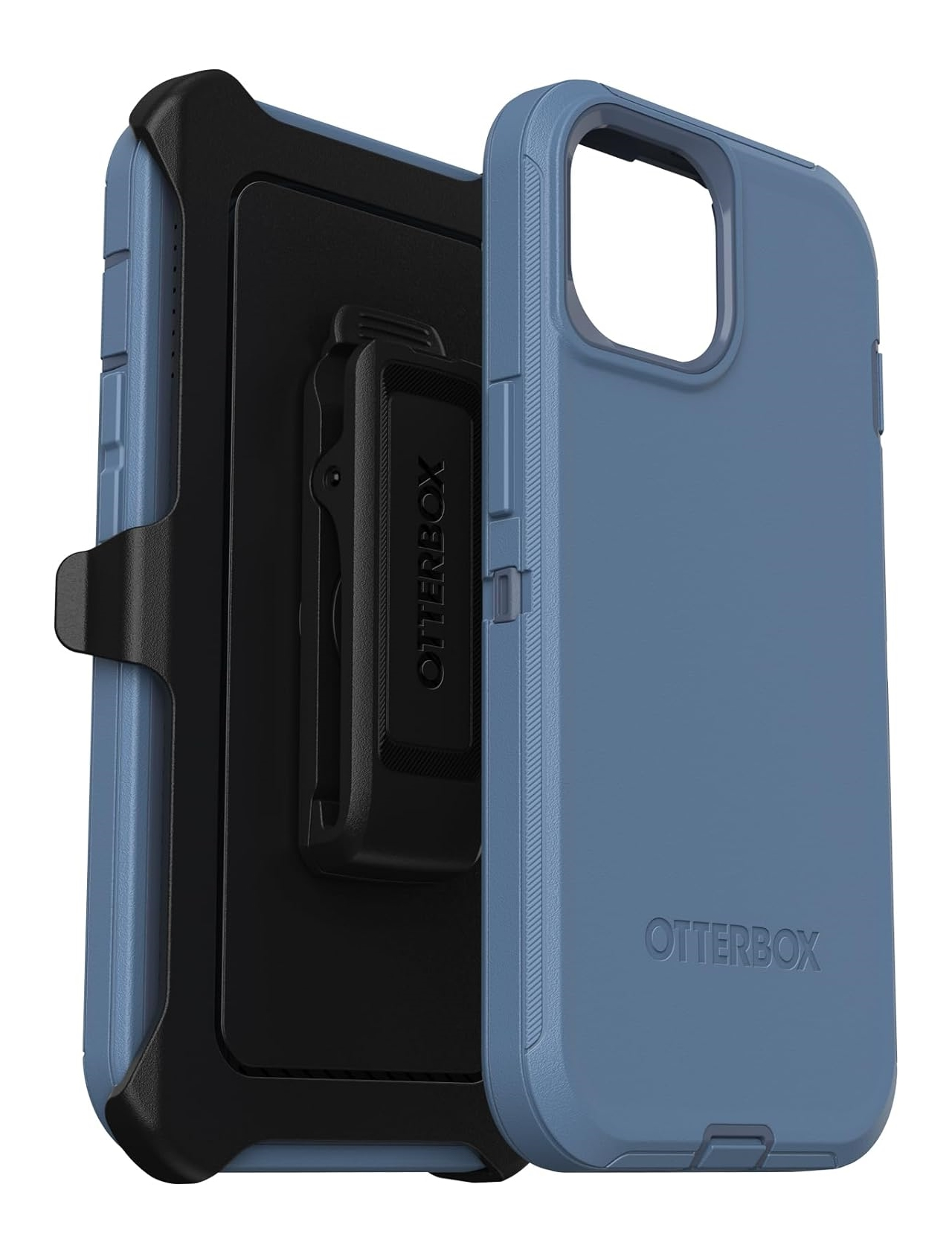 Blaue OtterBox Handyhülle mit schwarzem Gürtelclip. Schutz vor Stürzen.