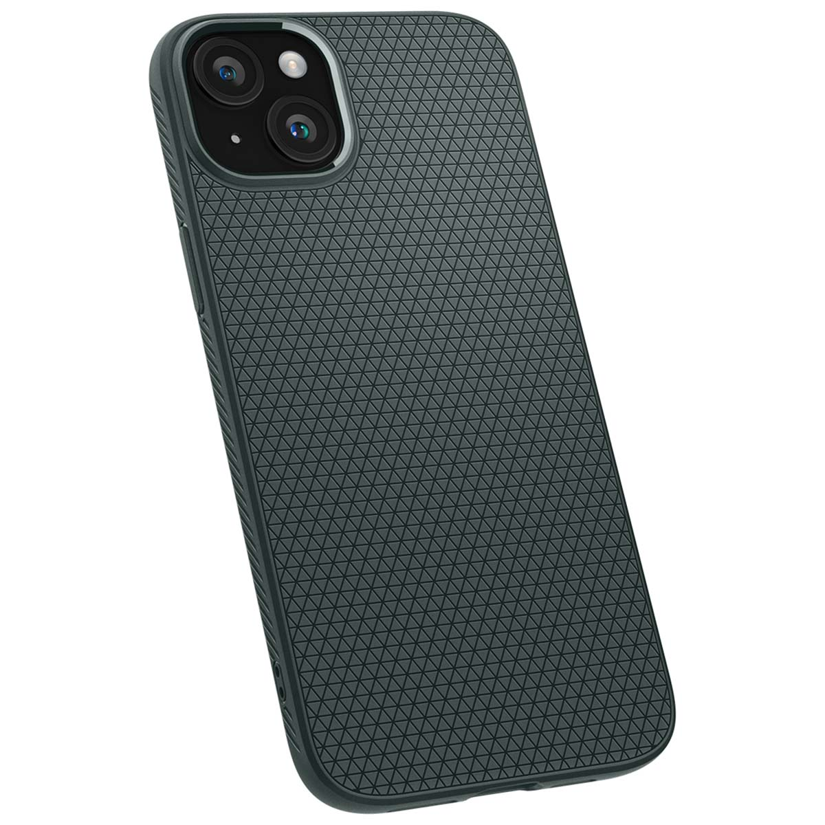 Dark gray phone case with textured design, angled. Two cameras are visible. White background.