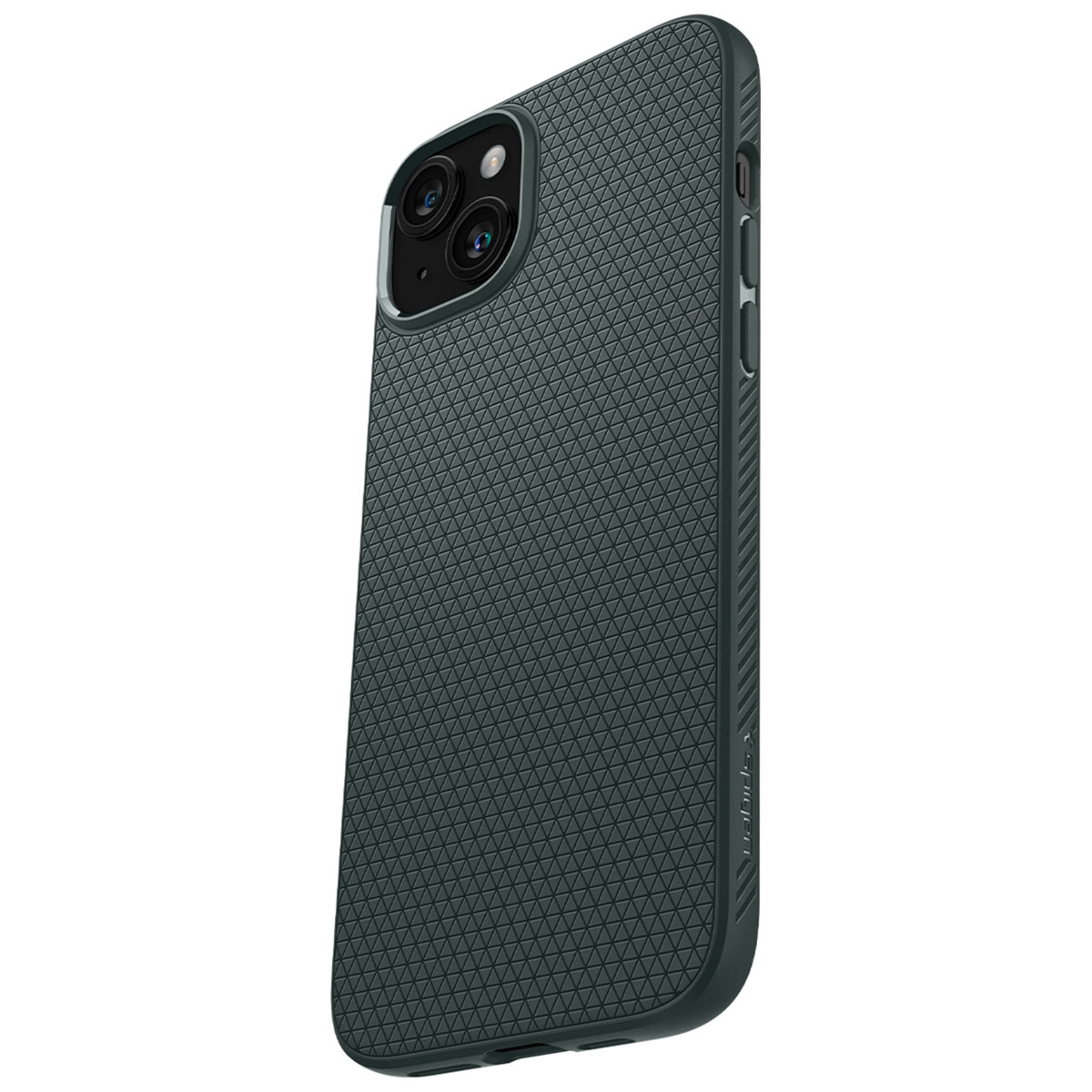 Dark green phone case. The phone has a camera bump and a textured back.