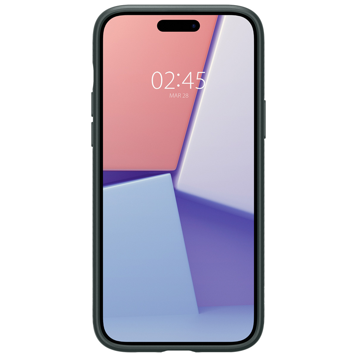 A dark smartphone with an abstract wallpaper on its screen.