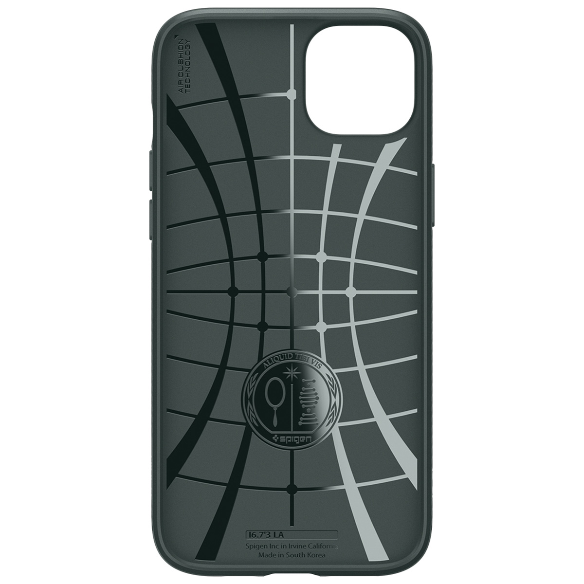 Gray phone case with grid design and Spigen logo.