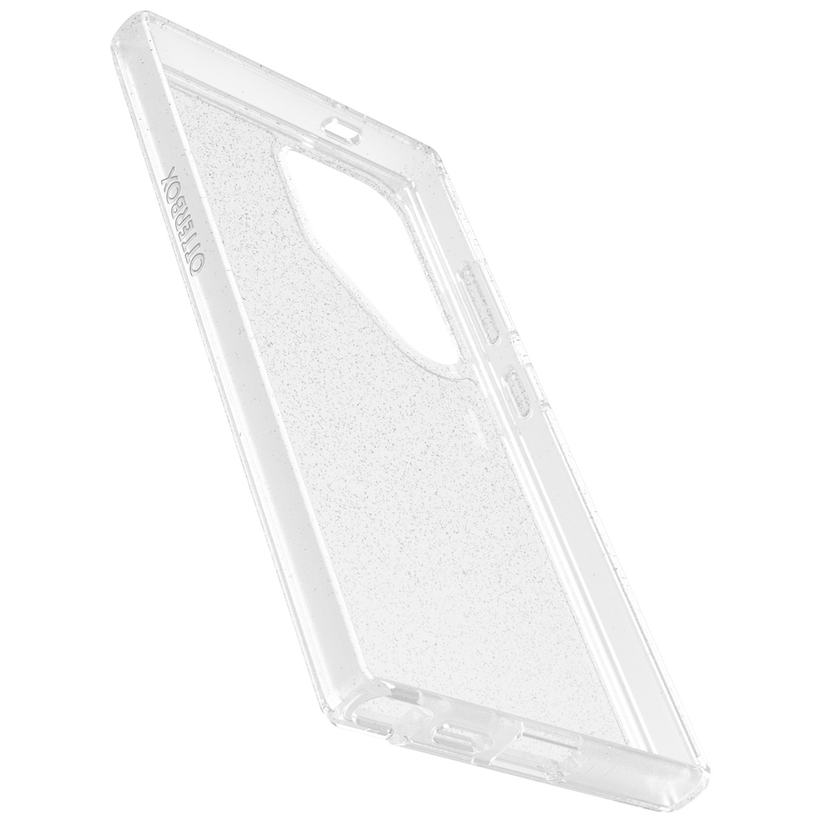Custodia trasparente per telefono con glitter su sfondo bianco.