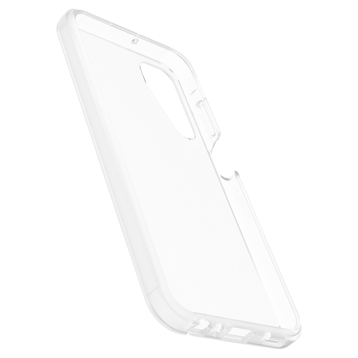 Coque de protection transparente pour smartphone vue en perspective sur fond blanc.