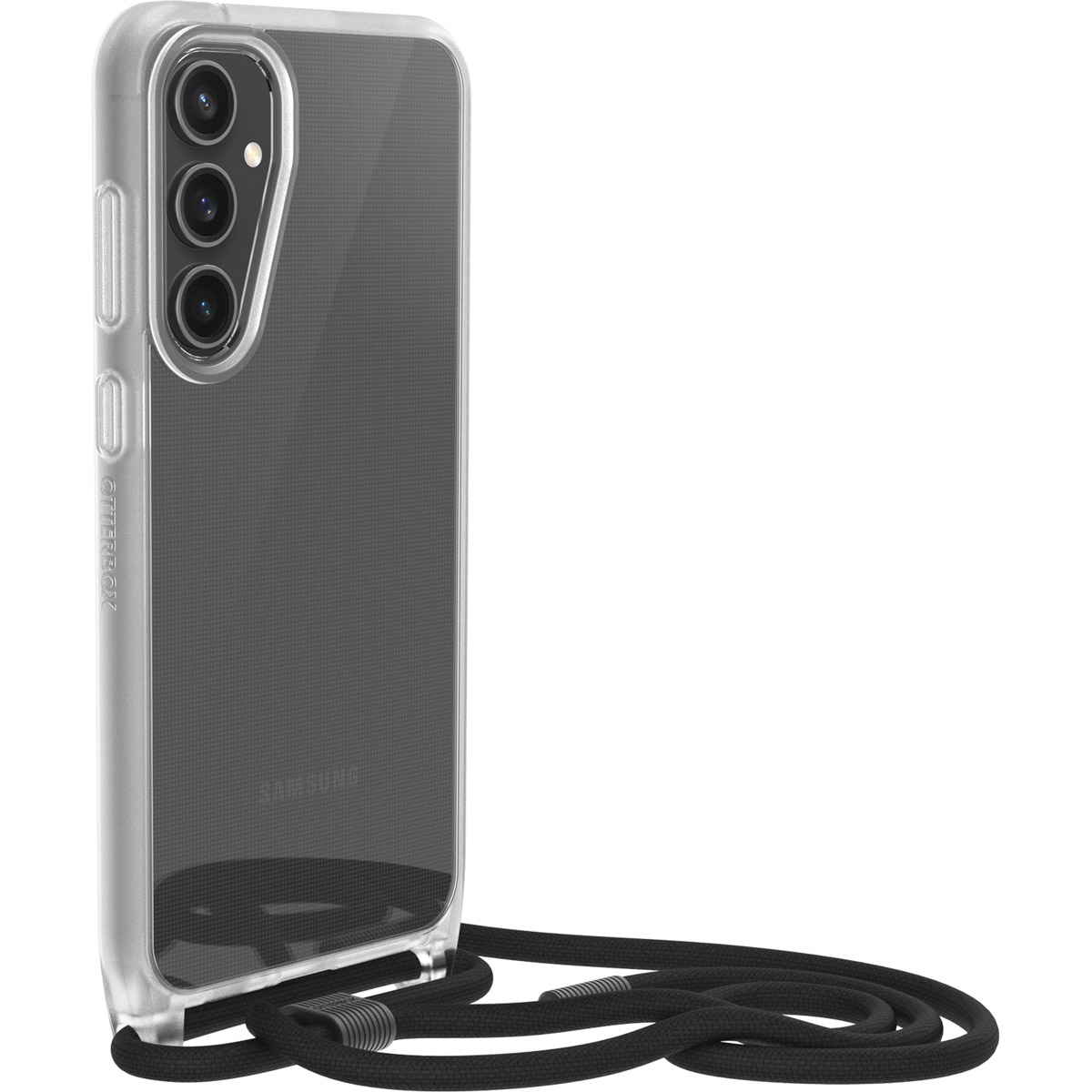 Custodia trasparente su un telefono. Cavo nero attaccato al telefono. Marchio Otterbox.